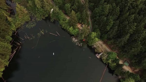 Aerial view of the lake during the XTERRA Race in Victoria.